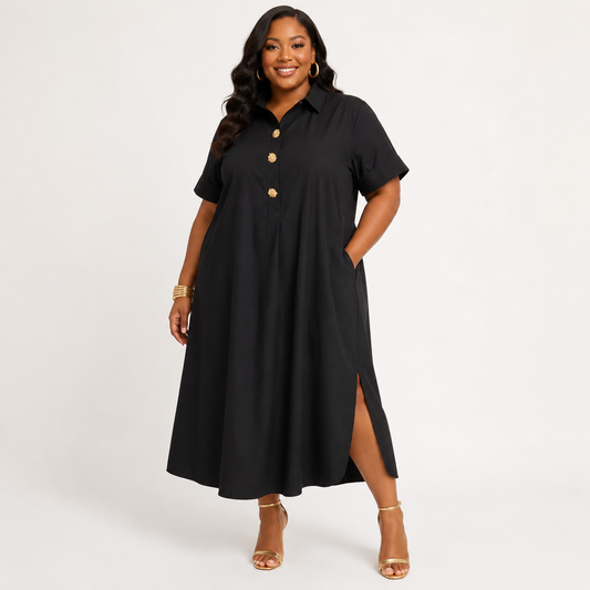 Gold Button Black Midi