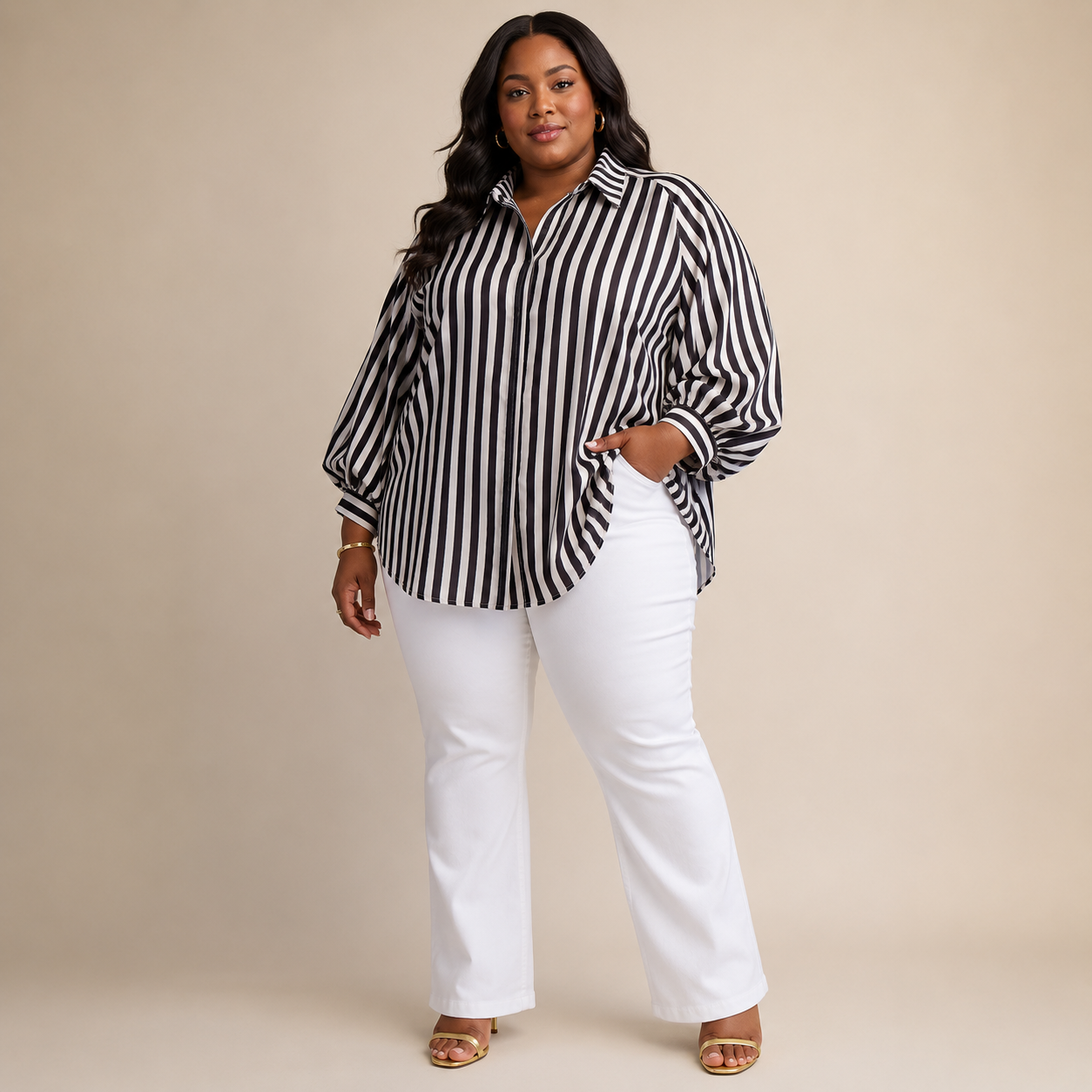 Oversize Black and Cream Striped Blouse