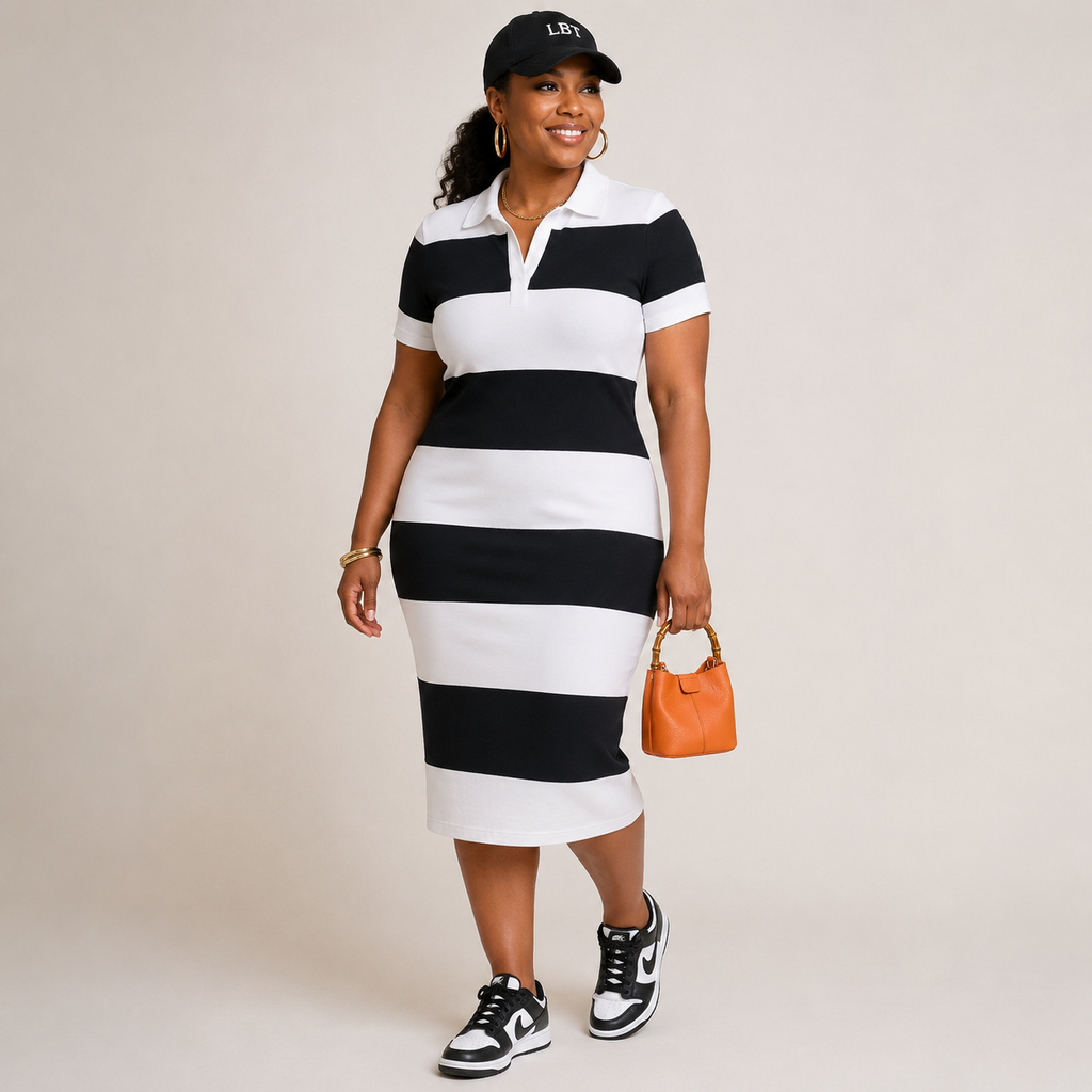 Short Sleeve Wide Stripe Knit Polo Midi Dress S / BLK-black/white