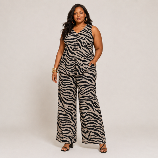 Woven Wide Leg Zebra Print Vest Set