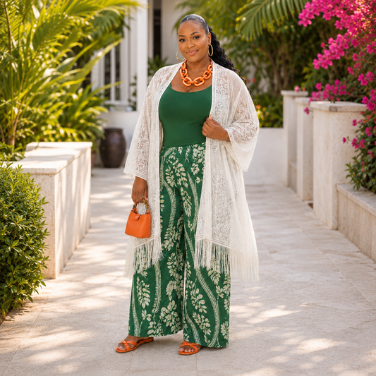 White Floral Lace Kimono With Tassel