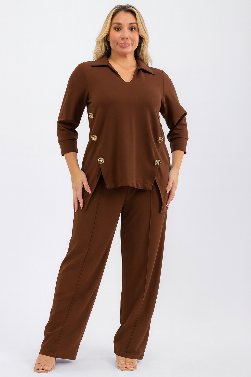 DRESSY BROWN COLLARED HIGH LOW SET