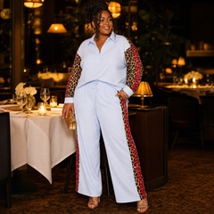 Plus Size Leopard Stripe Button Down & Wide Leg Pant Set
