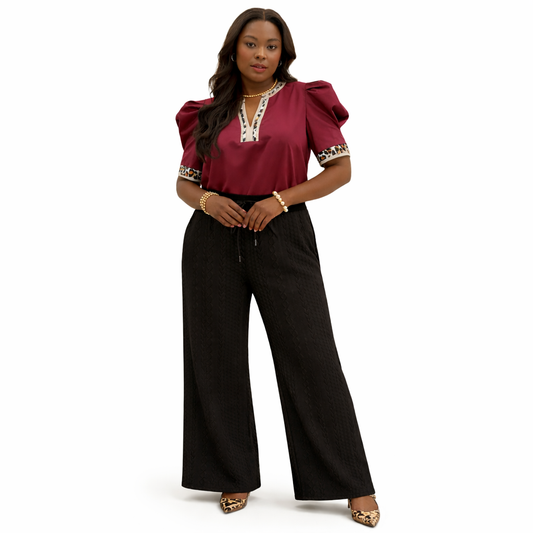 Plus Merlot Top with Animal Print Trim