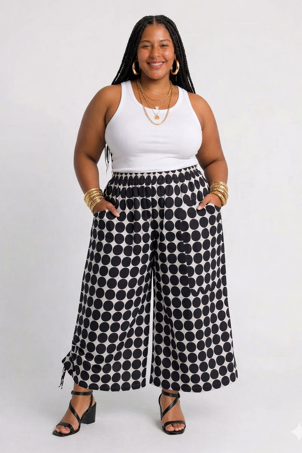 Black Polka Dot Wide Leg Pants W/Drawstrings