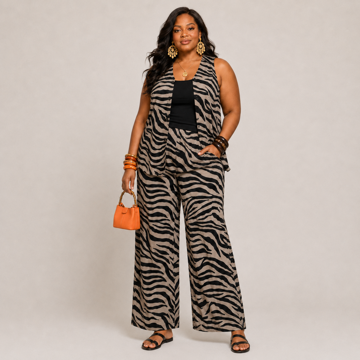 Woven Wide Leg Zebra Print Vest Set