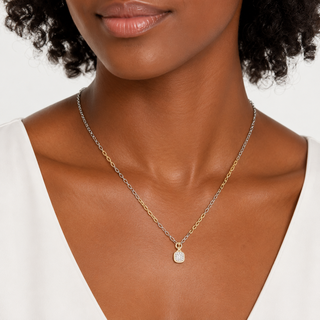 CZ Square Shape Pendant Two-Tone Chain Necklace