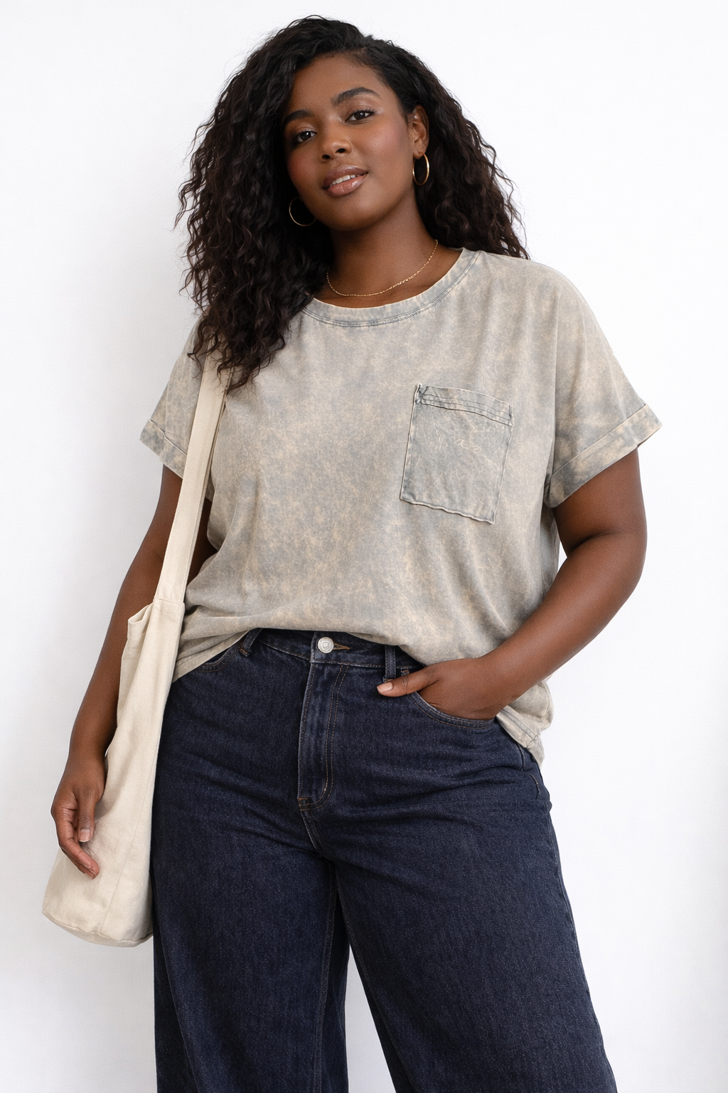 crinkle washed round neck folded short sleeve tee