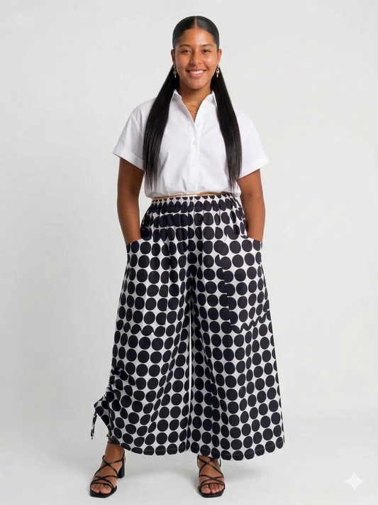 Black Polka Dot Wide Leg Pants W/Drawstrings