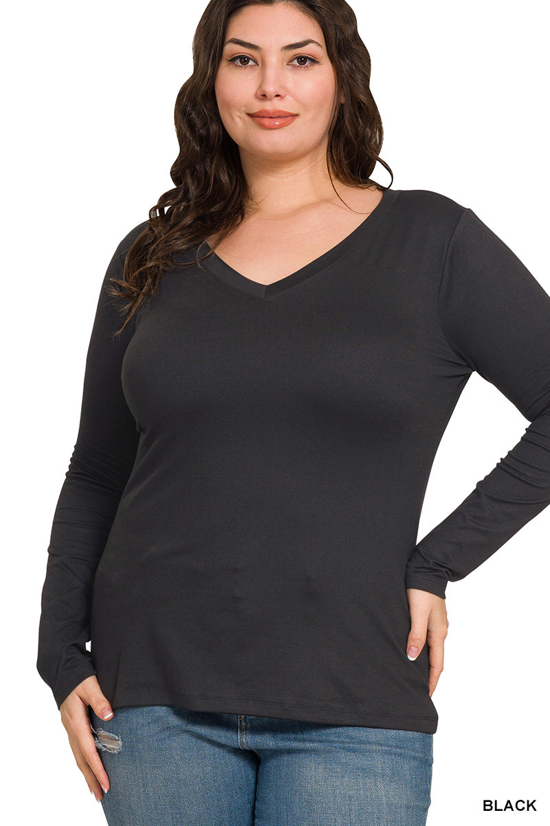 BRUSHED MICROFIBER LONG SLEEVE V-NECK TEE