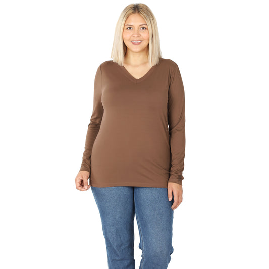 BRUSHED MICROFIBER LONG SLEEVE V-NECK TEE