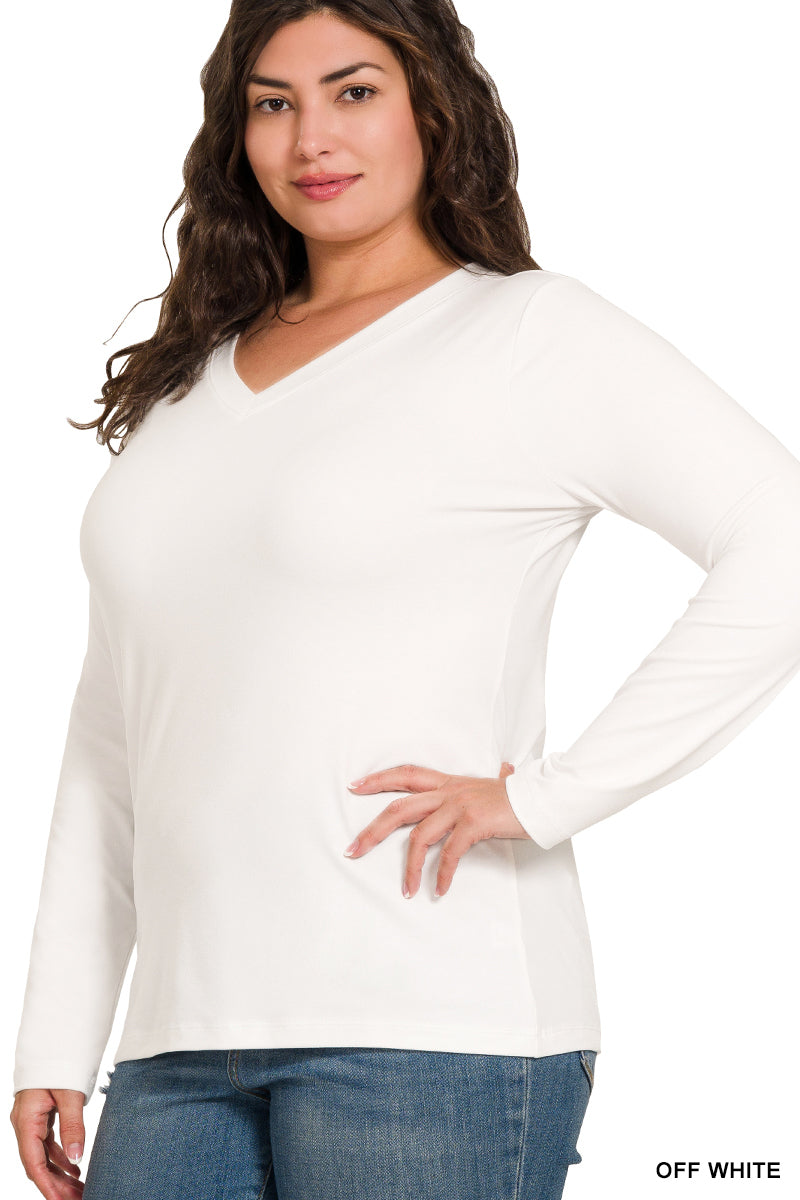 BRUSHED MICROFIBER LONG SLEEVE V-NECK TEE