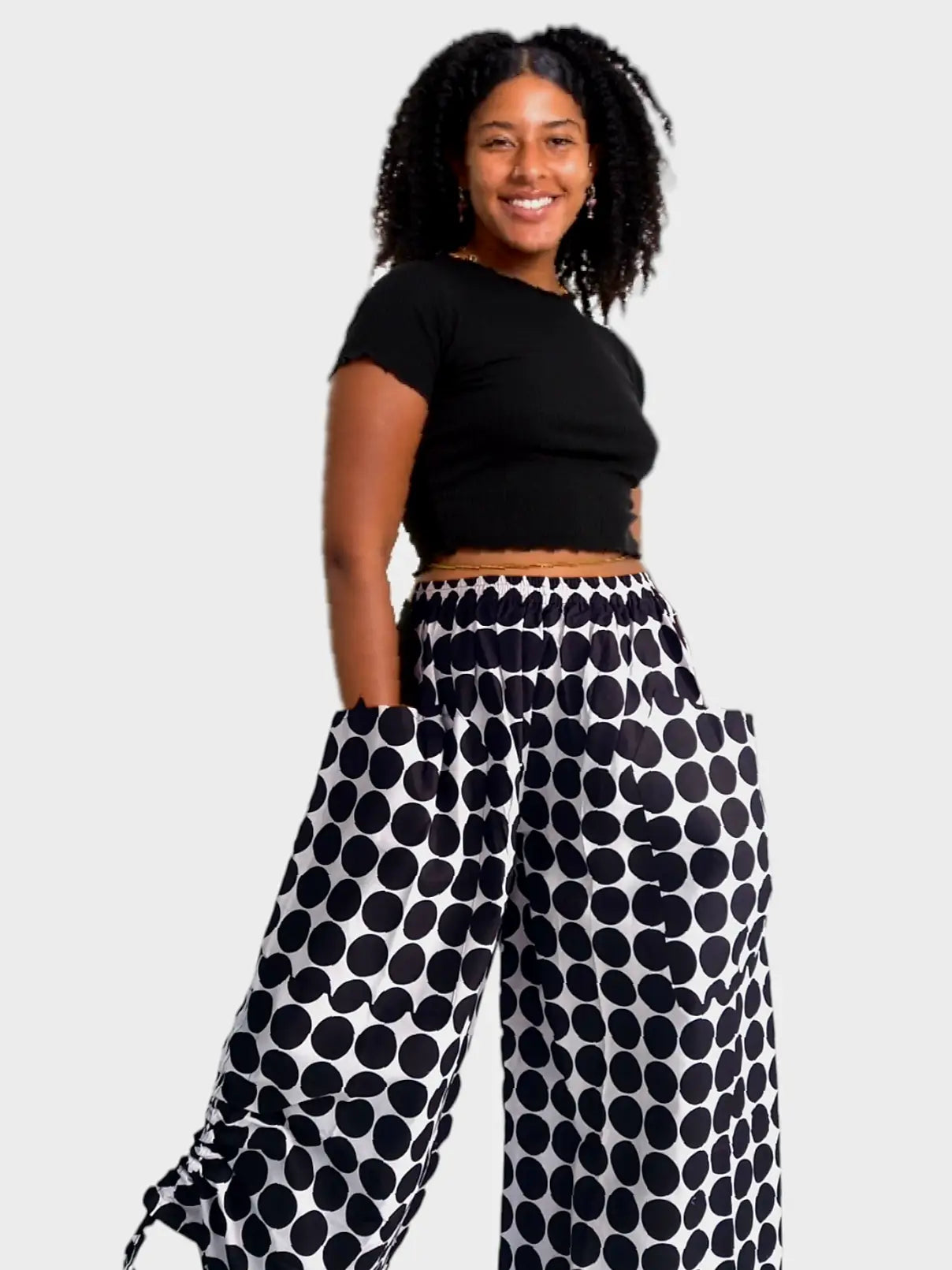 Black Polka Dot Wide Leg Pants W/Drawstrings