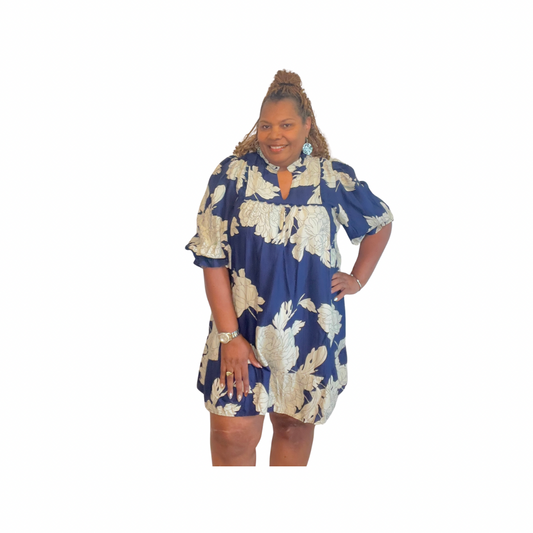 Ivory Floral Navy Tiered Mini Dress – Plus Size