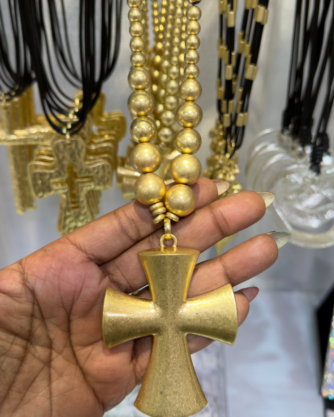 Gold Cross Statement Necklace (Black Cord