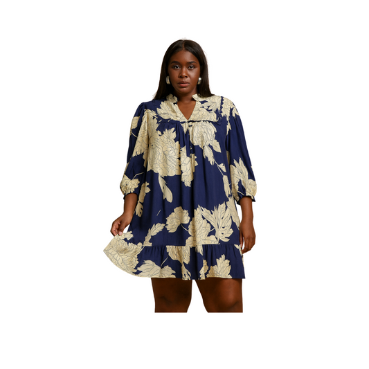 Ivory Floral Navy Tiered Mini Dress – Plus Size
