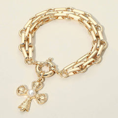 Pearl Accent Cross Charm Chunky Link Chain Bracelet