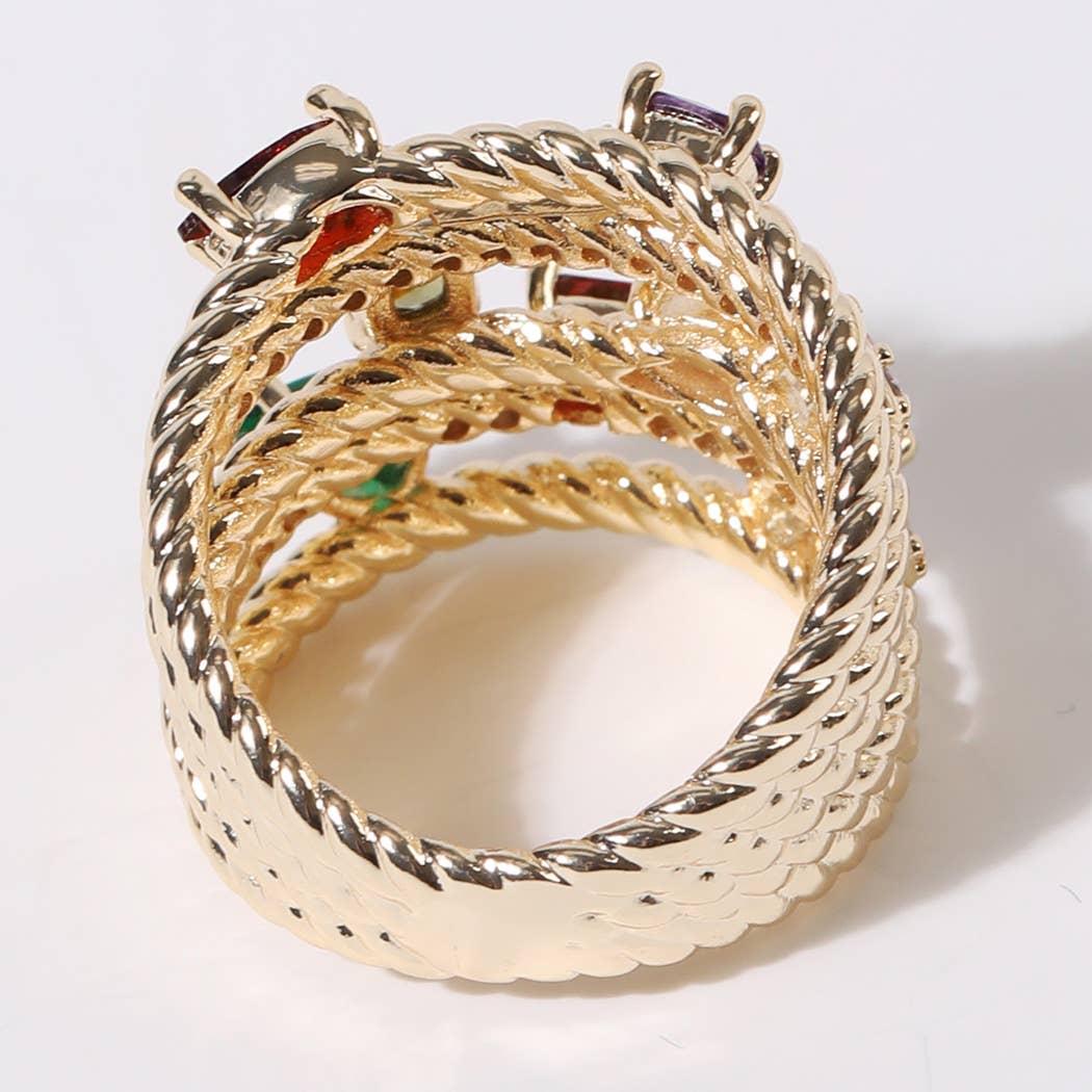 Multi Colored CZ Crossover Gold Plated Ring (Size 10)