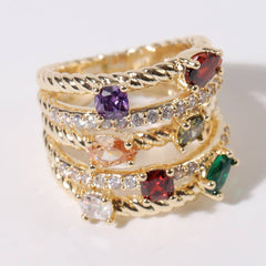 Multi Colored CZ Crossover Gold Plated Ring (Size 10)