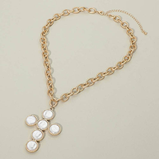Pearl Cross Charm Pendant Chunky Chain Necklace