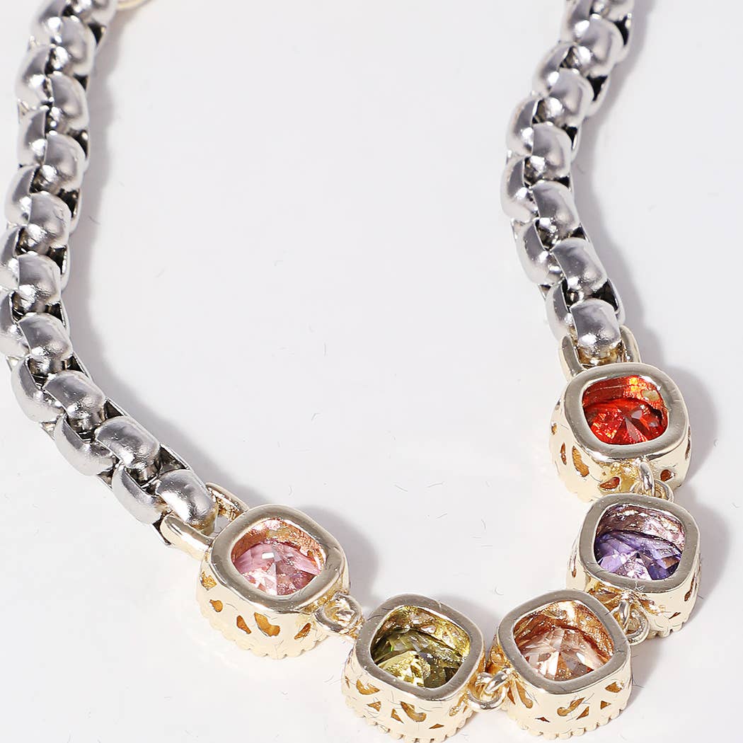 Multicolor CZ Box Chain Heart Closure Bracelet