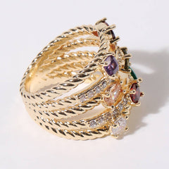 Multi Colored CZ Crossover Gold Plated Ring (Size 10)